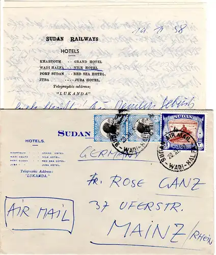 Sudan 1958, 3 Marken auf Luftpost Hotel Brief v. Wadi-Halfa n. Deutschland