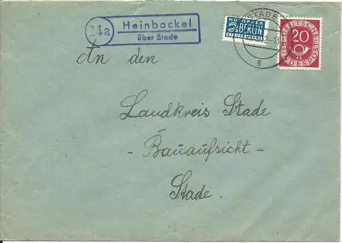 BRD 1952, 24a Heinbockel über Stade, Landpoststellen Stpl. auf Brief m. 20 Pf.