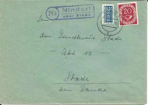 BRD 1952, 24a Nindorf über Stade, Landpoststellen Stpl. auf Brief m. 20 Pf.