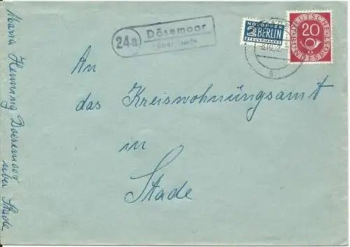 BRD 1952, 24a Dösemoor über Stade, Landpoststellen Stpl. auf Brief m. 20 Pf.