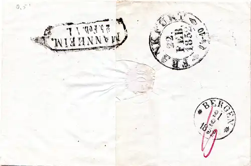 Baden 1852, L2 Mannheim auf Brief n. Norwegen, fehlgeleitet n. Bergen T & Taxis