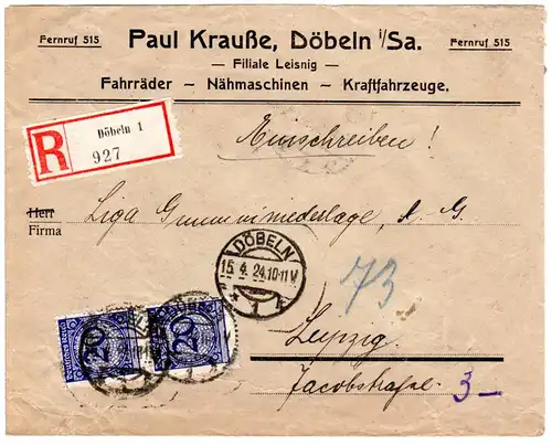 DR 1924, 2x20 Pf.auf Firmen Reko-Brief v. Döbeln n. Leipzig