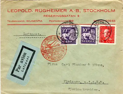 Schweden 1934, 15+2x10 öre auf Luftpost Brief v. Stockholm i.d. Tschechoslowakei
