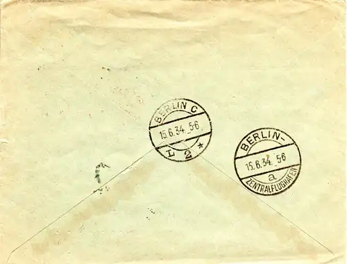 Schweden 1934, 15+2x10 öre auf Luftpost Brief v. Stockholm i.d. Tschechoslowakei