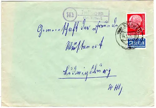 BRD 1958, Landpost Stpl. 14b IRSLINGEN über Rottweil auf Brief m. 20 Pf.