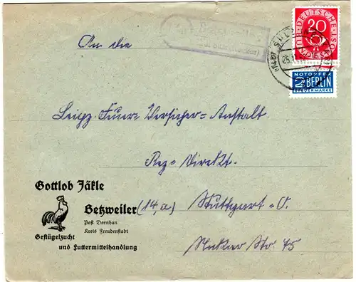 BRD 1952, Landpost Stpl. 14b BETZWEILER über Sulz auf Firmen Brief m. 20 Pf.