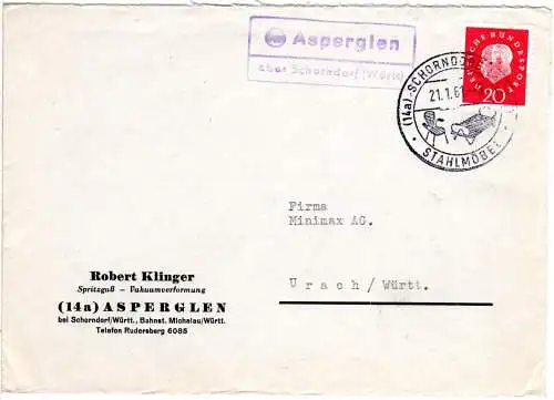 BRD 1961, Landpost Stpl. 14a ASPERGLEN über Schorndorf auf Firmen Brief m. 20 Pf