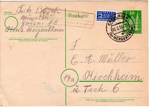 BRD 1950, Landpost Stpl. 14a MÜNSTER über Creglingen auf 10 Pf. Ganzsache