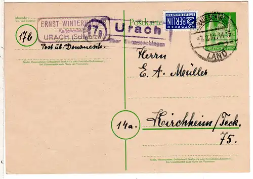 BRD 1952, Landpost Stempel 17a URACH über Donaueschingen auf 10 Pf. Ganzsache