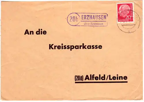 BRD 1958, Landpost Stpl. 20b ERZHAUSEN über Kreiensen auf Brief m. 20 Pf.