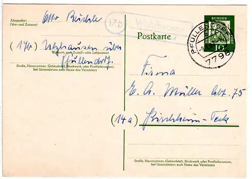 BRD 1962, Landpost Stpl 17b WALDBEUREN über Pfullendorf auf 10 Pf. Ganzsache 