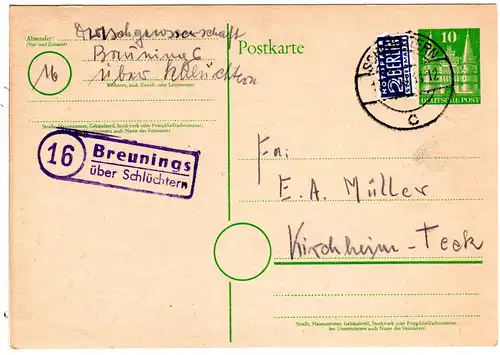 BRD 1950, Landpost Stpl. 16 BREUNINGS über Schlüchtern auf 10 Pf. Ganzsache