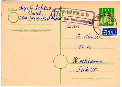 BRD 1952, Landpost Stpl. 17a URACH über Donaueschingen auf 10 Pf. Ganzsache