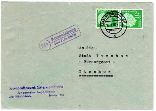 BRD 1958, Landpoststpl. 24b KOPPELSBERG über Plön auf Brief m. Paar 10 Pf.