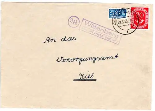 BRD 1953, Landpost Stpl. 24b WITTENBERG über Preetz auf Brief m. 20 Pf. 