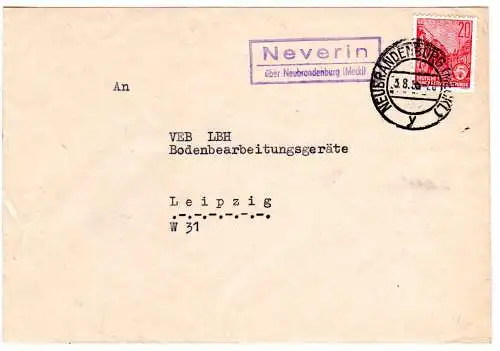 DDR 1955, Landpost Stpl. NEVERIN über Neubrandenburg auf Brief m. 20 Pf.