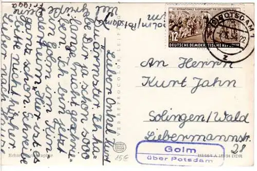 DDR 1954, Landpost Stpl. GOLM über Potsdam auf Karte m. 12 Pf. i.d. BRD