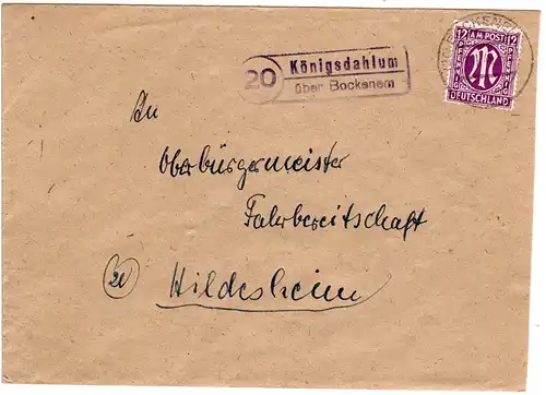 1948, Landpost Stpl. 20 KÖNIGSDAHLUM über Bockenem auf Brief m. 12 Pf.