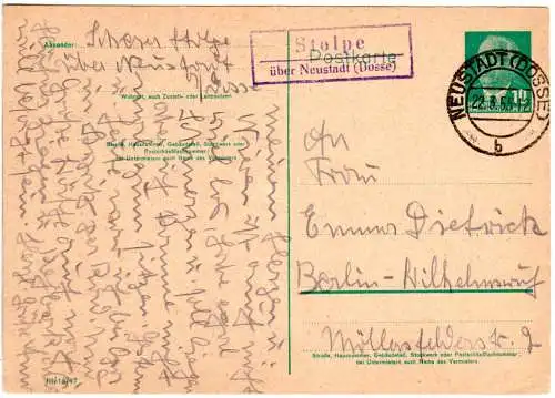 DDR 1955, Landpost Stpl. STOLPE über Neustadt (Dosse) auf 10 Pf. Ganzsache