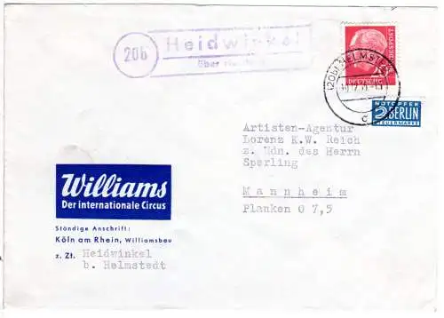 BRD 1955, Landpoststempel HEIDWINKEL über Helmstedt auf Zirkus Williams Brief