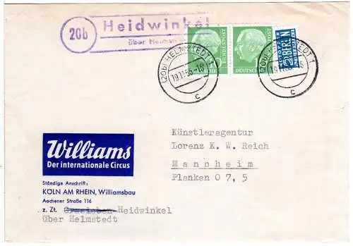 BRD 1955, Landpoststempel 20b HEIDWINKEL über Helmstedt auf Zirkus Brief