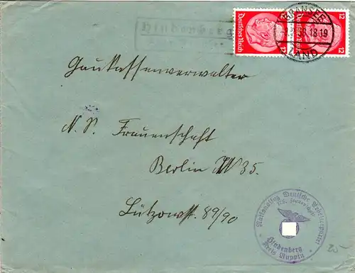 DR 1938, Landpost Stempel HINDENBERG über Gransee auf NS Frauenschaft Brief 