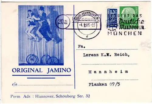 BRD 1955, Landpoststempel 20a HANNOVER 1 auf Hochrad Artisten Karte m. 10 Pf. 