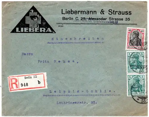 DR 1920, 40+2x5 Pf. Germania auf Firmen Einschreiben Brief v. Berlin 55