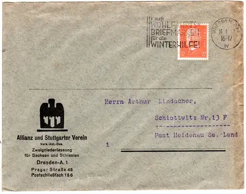 DR 1933, 12 Pf. m. Firmenlochung auf Versicherungs Brief v. Dresden.