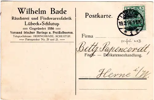 DR 1916, 5 Pf. Germania m. Firmenlochung auf Karte v. Lübeck-Schlutrup