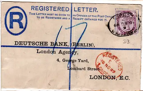 GB 1889, 1d m. perfin auf 2d Einschreiben Ganzsache Brief v. London.