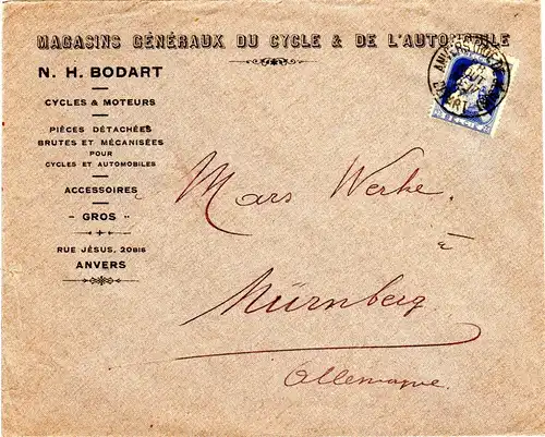 Belgien 1907, Fahrrad & Automobil Firmen-Werbeumschlag m. 5+2x10 C. v. Anvers 