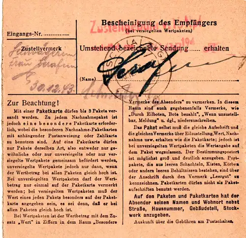 Luxemburg 1943, 20+25 Pf. auf Paketkarte m. "B"-Zettel v. Harlingen 