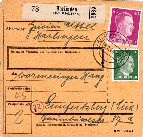 Luxemburg 1944, 5+40 Pf. auf Paketkarte v. Harlingen