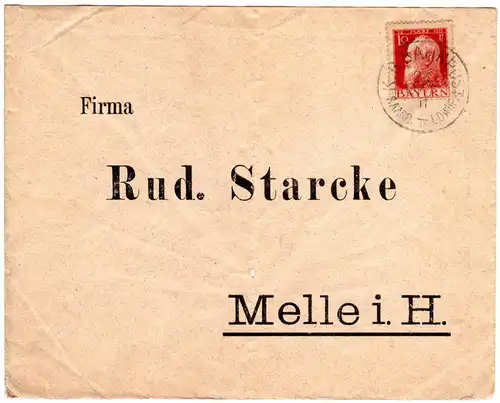 Bayern 1911, Bahnpost-K1 SAARB. II LDWHF. auf Brief m. 10 Pf.