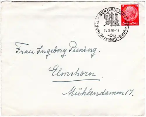 DR 1936, 12 Pf. auf Brief m. klarem Sonderstempel 125 J. Briefmarken Bergedorf