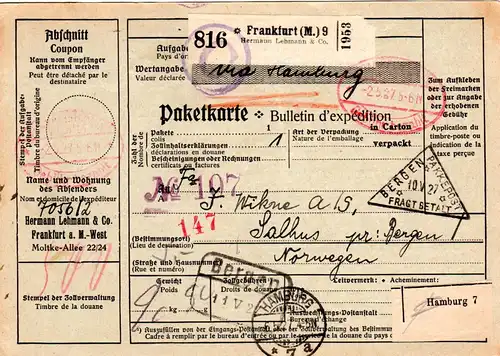 DR 1927, Paketkarte m. Gebühr bezahlt Ovalstempel v. Frankfurt (M) 9 n. Norwegen