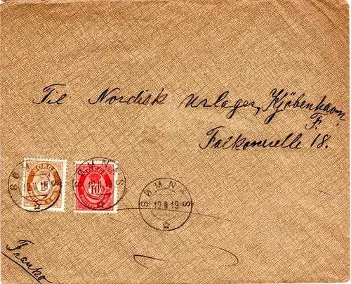Norwegen 1919, 2+10 öre auf portorichtigem Brief v. Sömnaes n. Dänemark