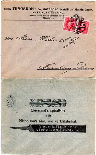 Schweden 1908, 2x10 öre auf Firmenbrief v. Göteborg m. rücks. Illustration