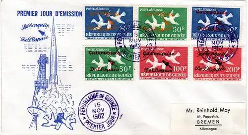 Guinea 1962, Eroberung des Weltraums kpl. m. Aufdrucktypen, alle 6 Werte auf FDC
