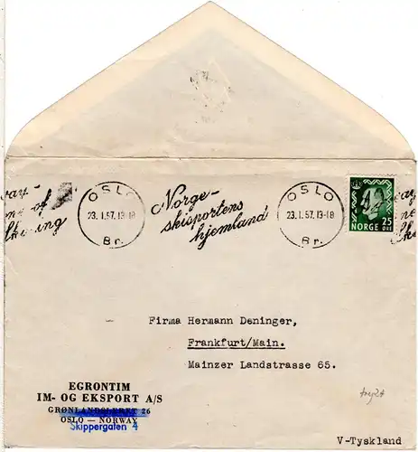 Norwegen 1957, EF 25 öre auf Drucksache Brief m. Oslo Ski Stempel n. Deutschland