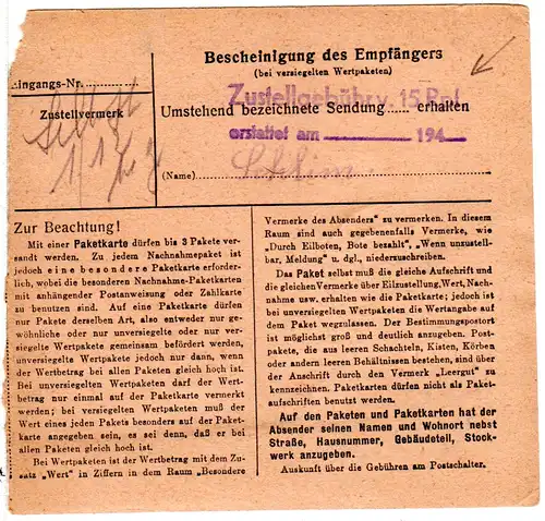 Luxemburg DR 1943, 5+50 Pf. auf Paketkarte v. Harlingen m. rs. Zustellgebühr-L2