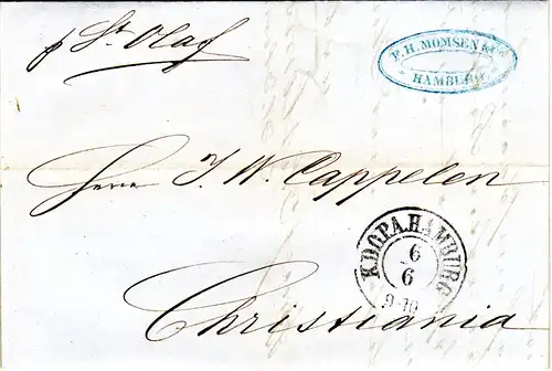 Hamburg 1857, schöner Schiffsbrief "p. St. Olaf" v. KDOPA Hamburg n. Norwegen
