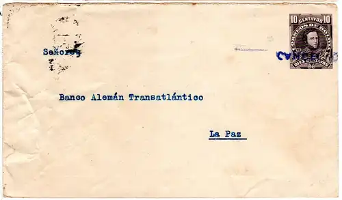 Bolivien 1921, 10 C. Ganzsache Brief m. L1 CANCELADO u. rücks. Ank.Stpl. La Paz