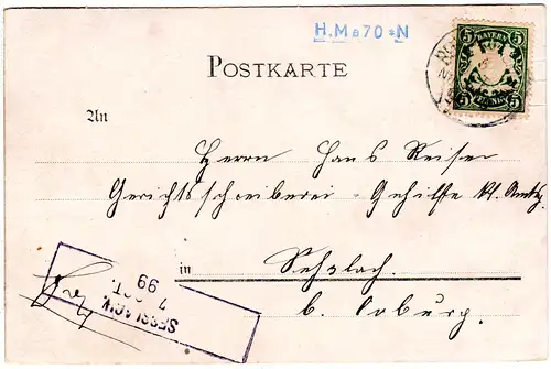 Bayern 1899, Aushilfs-R3 SESSLACH auf Litho-AK v. Behringersmühle m. 5 Pf. 