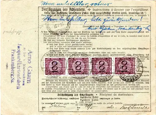 DR 1927, 40+5x100 Pf. beidseitg auf Wert Paketkarte v. Frankenberg n. Norwegen
