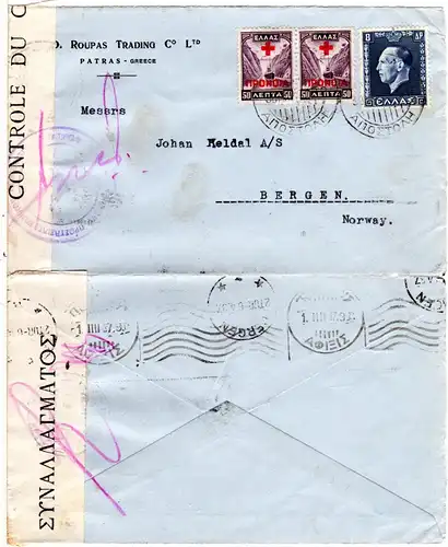 Griechenland 1937, 3 Marken auf Zensur Brief v. Patras n. Norwegen.