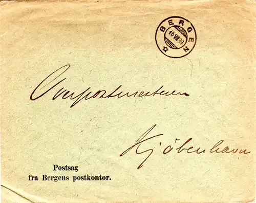 Norwegen 1899, portofreie Postsag fra Bergens Postkontor n. Dänemark