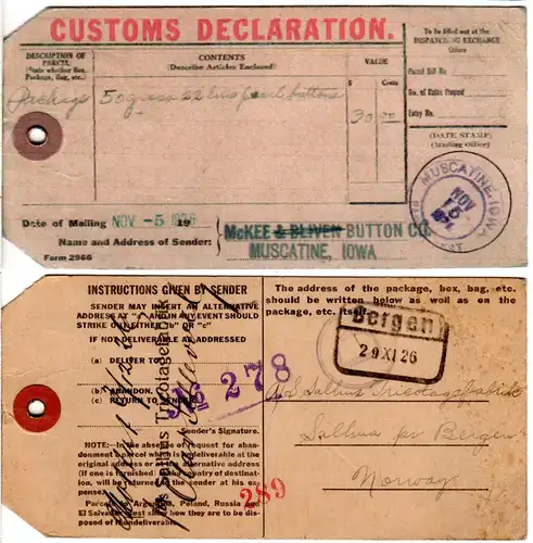 US 1926, Custom Declaration suitecase flag from Muscantine Iowa to Bergen Norway