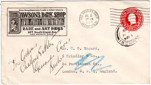 USA 1929, schön illustrierter 2 C. Ganzsachenumschlag v. Los Angeles n. GB